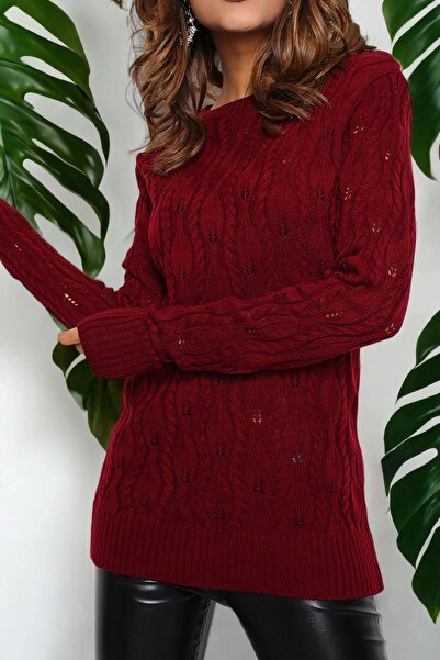 NEW LAVİVA Pulover tricotat cu mânecă lungă, cu model, cu textura moale, stil nou, bordeaux, pentru femei