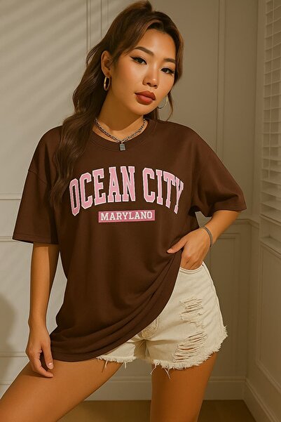 E-ROMA Ocean City Printed Oversize Unisex T-Shirt