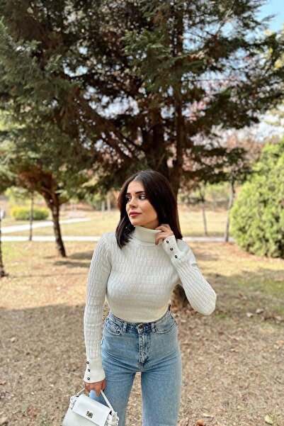 NEW LAVİVA Γυναικείο εκρού λαιμόκοψη, μακρυμάνικο, ελαστικό ύφασμα που εφαρμόζει στο σώμα, μανσέτα με κουμπιά, πλεκτό σχέδιο, πλεκτή μπλούζα