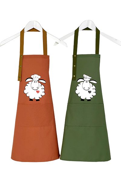 Hulganz Kitchen Apron Set of 2 Stain Resistant Water Repellent Fabric Colorfast Print Lamb - Zuzu Apron