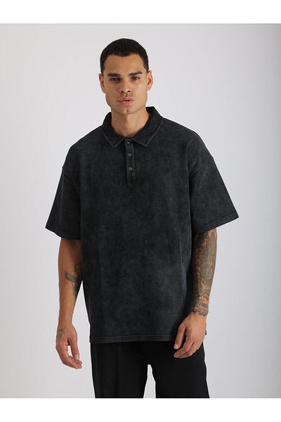 EGHO Washed Double Pique Fabric Men's Polo Neck Loose Fit T-Shirt with Tumbled Effect
