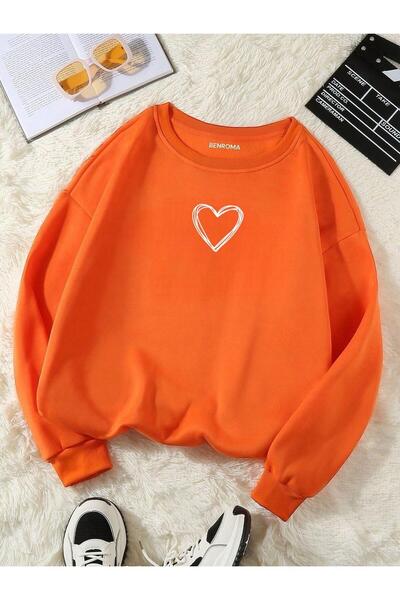 BENROMA 3 İPLİK PENYE ÇOCUK UNİSEX KALP BASKILI BİSİKLET YAKA SWEATSHİRT