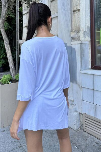 NEW LAVİVA White Round Neck and Double Cuffs Women's Relaxed Fit Blouse - Side Slit, Long Loose