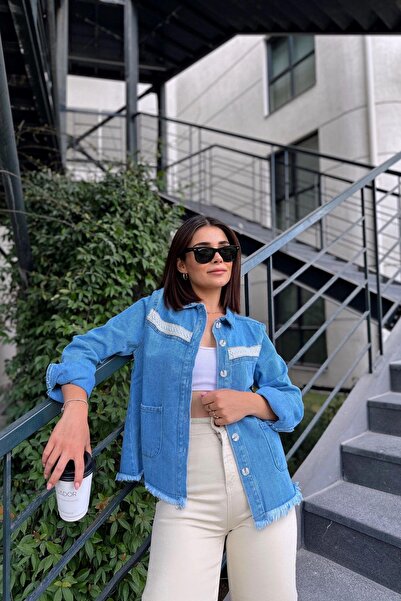 NEW LAVİVA Mânecă lungă albastră pentru femei, țesătură denim de calitate, detaliu dungi, fustă ciucuri, cămașă de blugi cu buzunar și jachetă de blugi