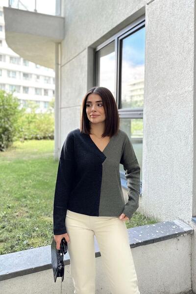 NEW LAVİVA Women's Anthracite & Khaki Casual Style V-Neck Color Block, Long Sleeve Pullover Blouse, Cotton Sweatshirt