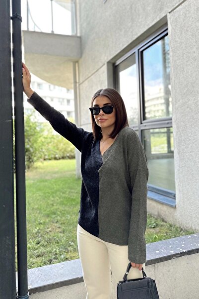 NEW LAVİVA Women's Anthracite & Khaki Casual Style V-Neck Color Block, Long Sleeve Pullover Blouse, Cotton Sweatshirt