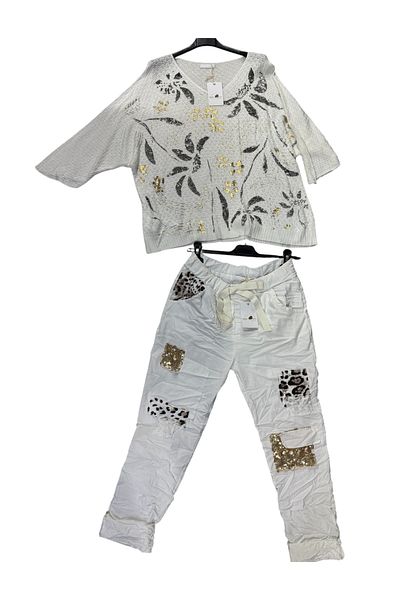 AGORATEKSTİL Women's Italian Gilded Mercerized and Full Lycra Sequin Leopard Detailed Trousers