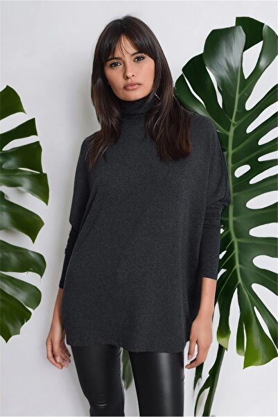 NEW LAVİVA Kadın Antrasit Yeni Moda Uzun Kol Oversize Kesim Basic Örme Bluz