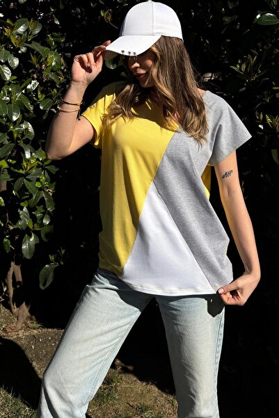 NEW LAVİVA Kadın Sarı, Beyaz & Gri Kısa Kol, Color Block Tasarım, Salaş Bluz