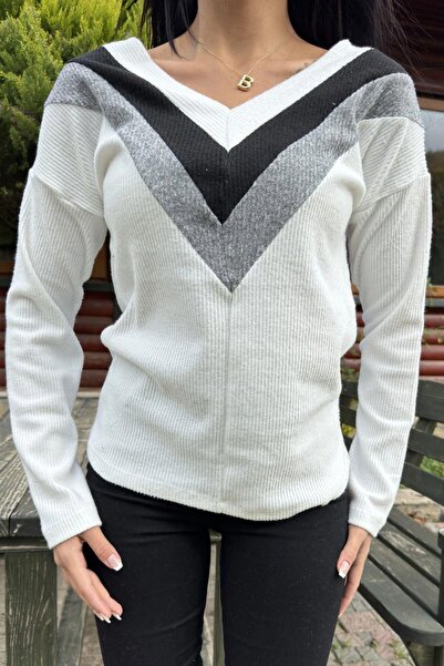 NEW LAVİVA Women's Ecru Long Sleeve V-Neck Color Block Cotton Blouse Sweatshirt