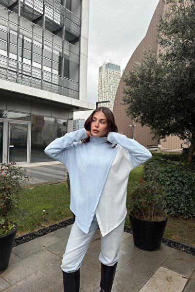 NEW LAVİVA Γυναικείο Baby Blue ασύμμετρο κόψιμο, δύο τεμάχια μπροστά, λεπτό πλεκτό ύφασμα, φαρδιά μπλούζα πουλόβερ