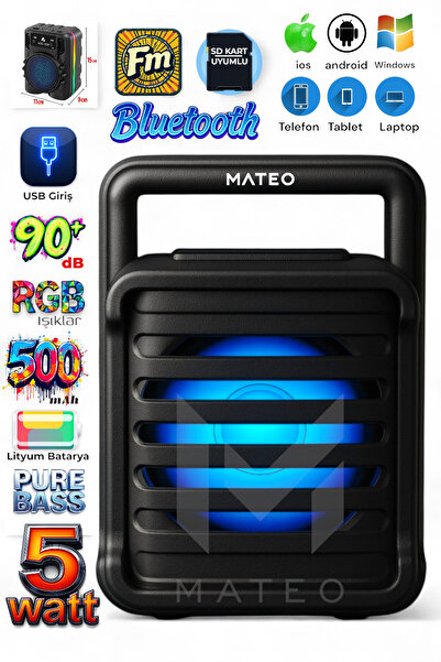 MATEO LED Işıklı Bluetooth Kablosuz Hoparlör | Taşınabilir Şarjlı Speaker | USB TF Kart Destekli | FM