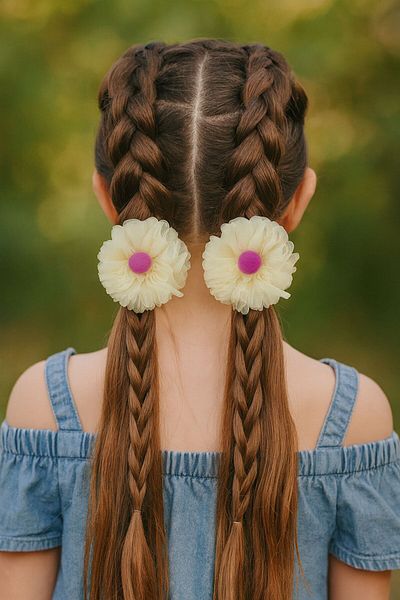 ESİLA KİDS Κοριτσίστικη πόρπη Organza Tulle Pompom Λεπτομερής ελαστική φουρκέτα Σετ 2 τεμαχίων