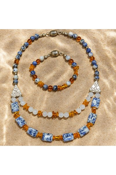 Asteria Elite Amber Sodalite Smoky Agate Energy, Logic and Mental Clarity Necklace Bracelet Set