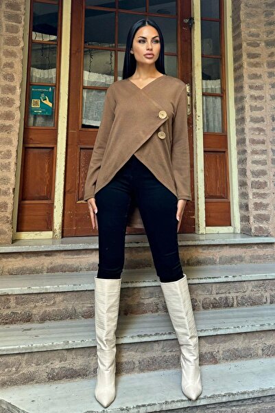 NEW LAVİVA Coffee Asymmetrical Cut, Button, Loose Cardigan Blouse