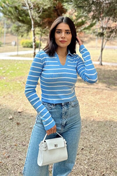 NEW LAVİVA Guler polo albastru pentru femei, mânecă lungă, corp, țesătură flexibilă, model în dungi, bluză de tricotaj