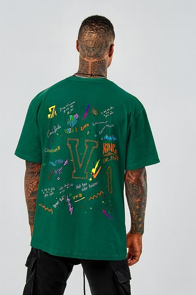 BENROMA In Cart 6 and Above Purchases Get 1 T-Shirt as a Gift - V Printed Oversize White T-Shirt