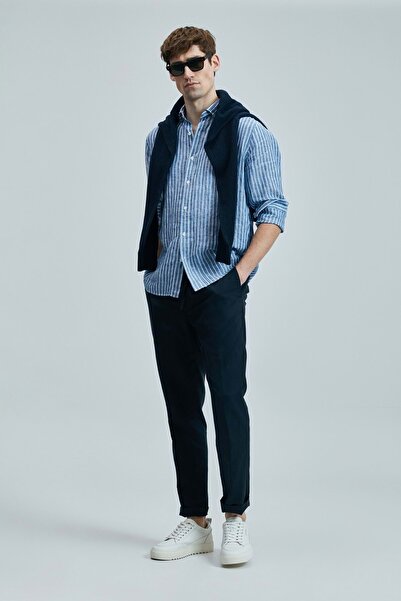 Lufian 111010632 Мъжка ленена памучна риза Alfred, стандартна кройка, СИНЯ