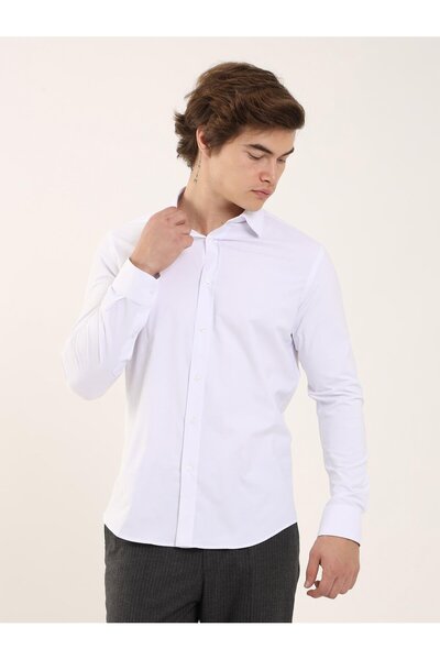 Dufy White Men's Slim Fit Plain Classic Collar Long Sleeve Shirt