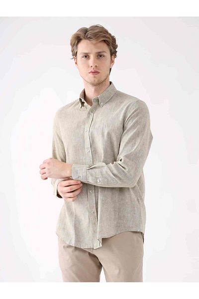 Dufy Khaki Men's Regular Fit Plain Brent Buttoned Collar Long Sleeve Shirt - 94583