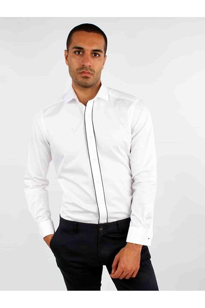 Dufy White Men's Slim Fit Plain Paul Collar Double Cuffed Sleeve Shirt - 33415