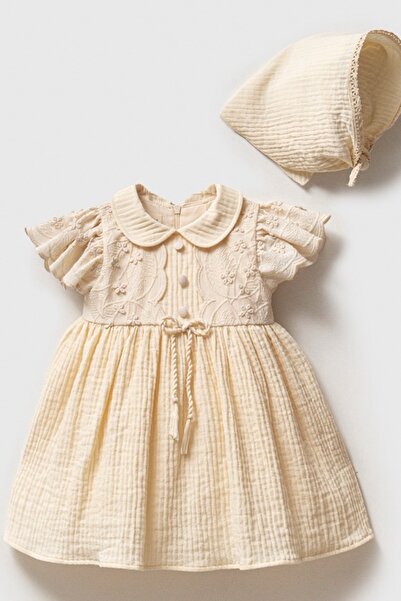 NoyNoy Baby Embroidered Baby Girl Muslin Dress Cream 100% Cotton