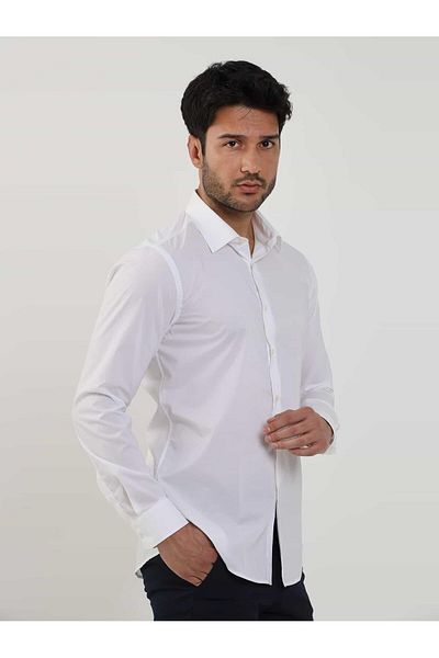 Dufy Men's Slim Fit White Brent Collar Shirt - 79181