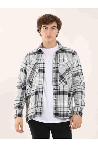 Dufy Gray Men's Regular Fit Plaid Patterned Classic Collar Long Sleeve Lumberjack Shirt - 97861