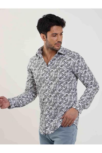 Dufy Men's Navy Blue Slim Fit Leaf Patterned Shirt - Brent Collar, Long Sleeve - 81584