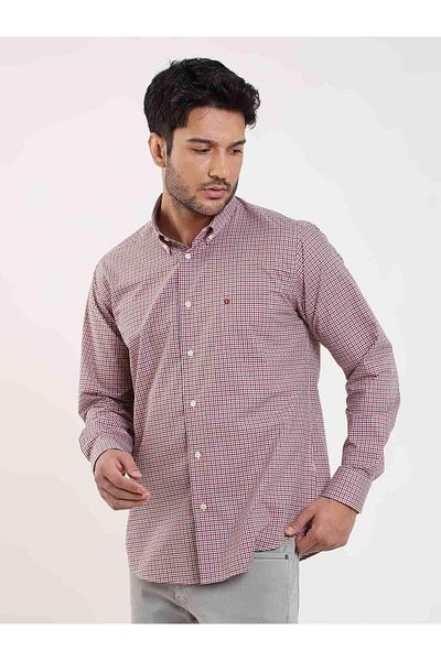 Dufy Men's Red Long Sleeve Shirt - Pitikare Pattern, Buttoned Collar, Regular Fit - 98709