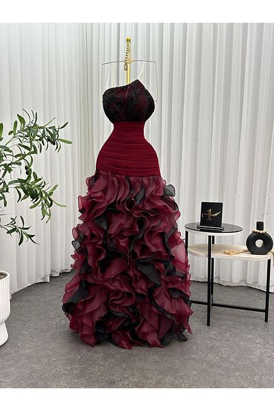 MEZON FASHION Evening dress with ruffled edges and organza ribbons