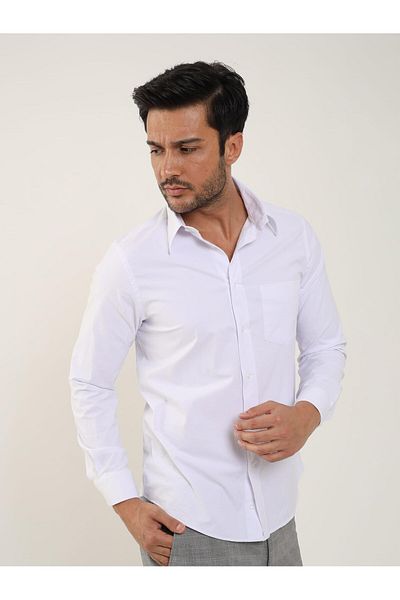 Dufy White Men's Regular Fit Plain Brent Collar Long Sleeve Shirt - 88184