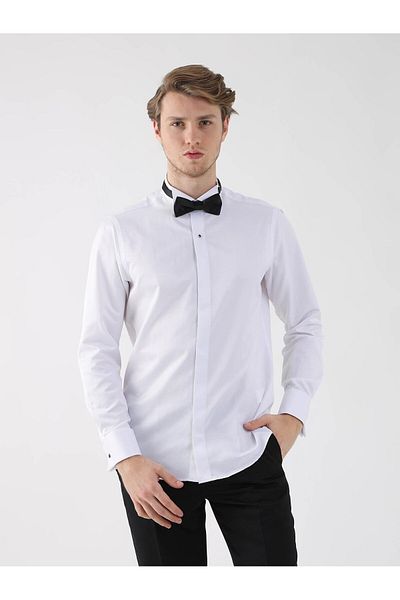 Dufy White Men's Slim Fit Straight Ata Collar Double Cuffed Sleeve Shirt - 94418
