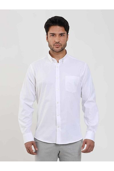 Dufy White Regular Fit Long Sleeve Shirt - Plain Brent Collar, Buttoned - 95098