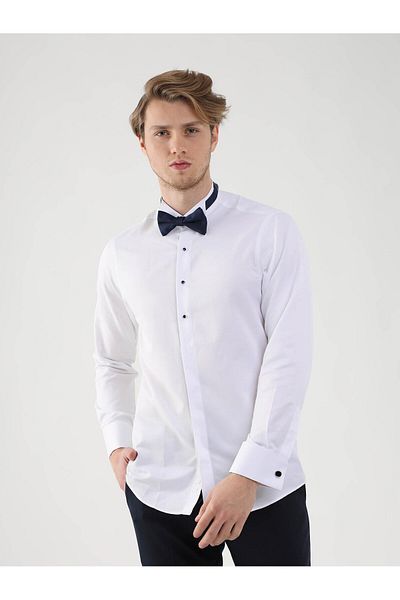 Dufy White Men's Slim Fit Patterned Ata Collar Double Cuffed Sleeve Shirt - 94408