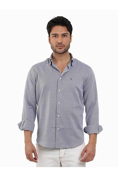 Dufy Navy Blue Men's LonG Sleeve Shirt - Dobby, Buttoned Collar, Regular Fit - 99049