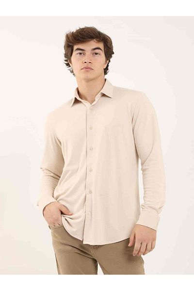 Dufy Beige Men's Slim Fit Plain Classic Collar Long Sleeve Shirt - 97956