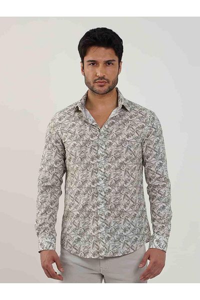 Dufy Khaki Men's Shirt - Leaf Pattern, Slim Fit, Brent Collar, Long Sleeve - 81579
