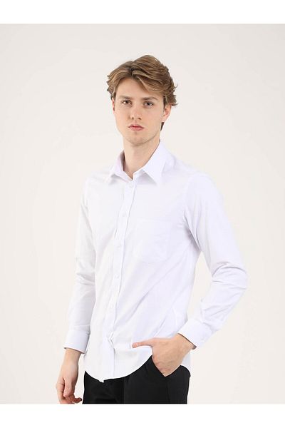 Dufy White Men's Large Size Plain Brent Collar Long Sleeve Shirt - 88204