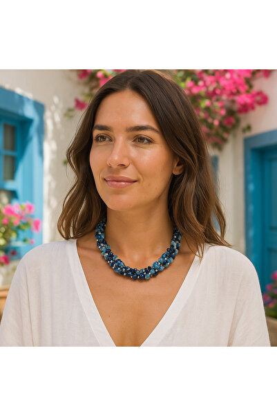 Asteria Elite Lacivert Mavi Iri Kırık Akik 3 Sıralı Ayrılabilen Huzur Ve Iletişim Ve Nazardan Koruma Kolyesi