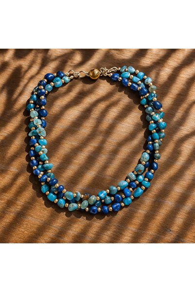 Asteria Elite Lacivert Mavi Iri Kırık Akik 3 Sıralı Ayrılabilen Huzur Ve Iletişim Ve Nazardan Koruma Kolyesi