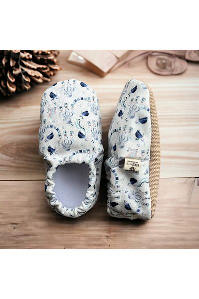 Kokopatik ,Non-Slip Sole,Organic Cotton Home Nursery Booties,Blue Sea Adventure Patterned Booties