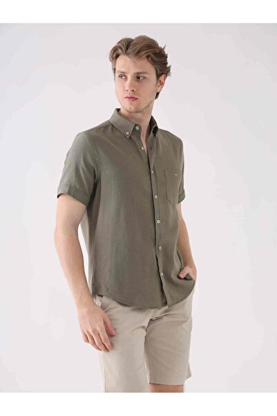 Dufy Khaki Men's Regular Fit Brent Buttoned Collar Short Sleeve Shirt - 95523