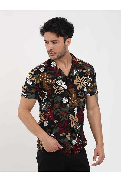 Dufy Men's Slim Fit Floral Patterned Shirt - Apache Collar, Short Sleeve - Mixed Color - 89436