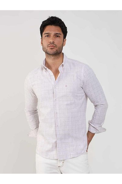 Dufy Beige Men's Slim Fit Shirt - Checkered Collar, Long Sleeve -104875