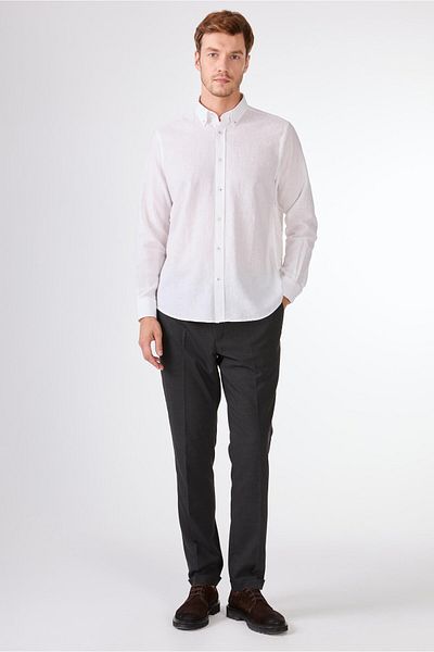 Dufy White Men's Regular Fit Plain Brent Buttoned Collar Long Sleeve Shirt - 94573