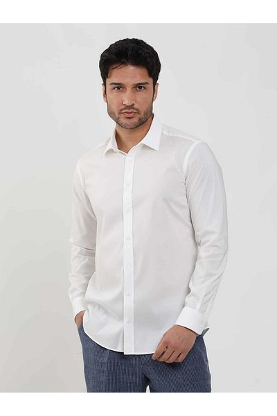 Dufy Men's Slim Fit White Shirt - SoliD, LonG Sleeve, Classic Collar - 103119