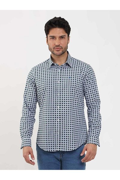 Dufy Men's Green Slim Fit Polka Dot Shirt - Brent Button Collar, Long Sleeve -104339
