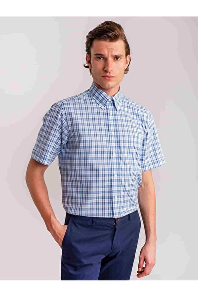 Dufy Mavi Erkek Regular Fit Kareli Elton Düğmeli Yaka Kısa Kol Gömlek - 60608