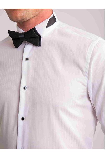 Dufy White Men's Slim Fit Striped Ankle Collar Long Sleeve Shirt - 58653